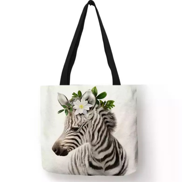 Handbags - Eco-Friendly Folding Zebra with Flowers Tote Bag